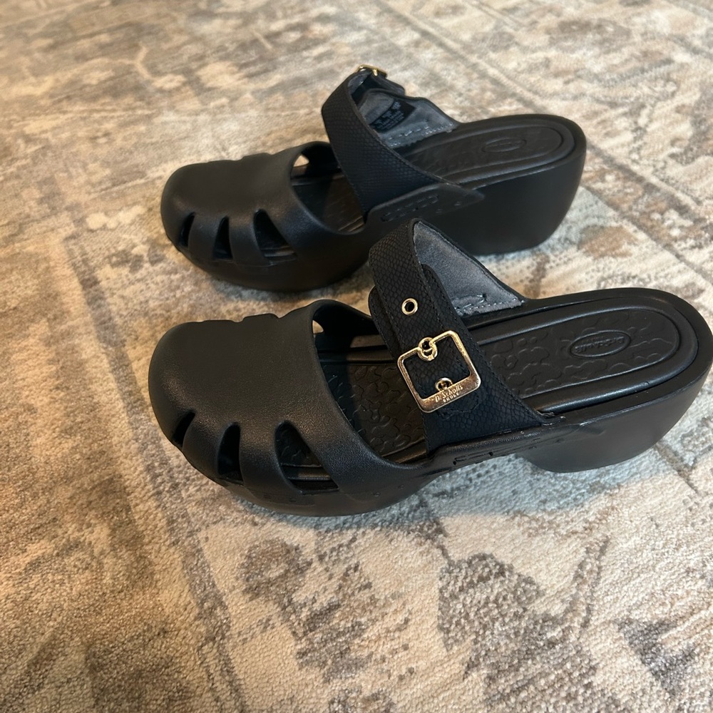 Dr. Scholl's Black Mules with Gold Buckle